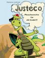 Ein grüner Drache mit Basecap sagt: "Justeco - Menschenrechte für alle Kinder!!!". Fröhliche Illustration.