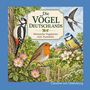"Die Vögel Deutschlands. Heimische Vogelarten zum Ausmalen." Drei detaillierte Vögel mit Blüten und Landschaft im Hintergrund.