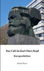 „Das Café im Karl-Marx-Kopf. Kurzgeschichten. Henrik Mayer.“ Eine große Karl-Marx-Skulptur vor einem Gebäude.