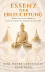 „ESSENZ DER ERLEUCHTUNG“. Buddha-Statue im Lotussitz, zwischen Tempeln und Wolken, davor eine Wasseroberfläche mit Tropfen.