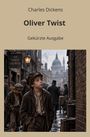 "Charles Dickens, Oliver Twist, Gekürzte Ausgabe." Ein Junge in zerlumpten Kleidern in einer belebten, altmodischen Stadtstraße.