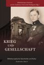 "Krieg und Gesellschaft" ist groß geschrieben. Ein Soldat in Uniform steht vor einer zerstörten Gebäudefassade.