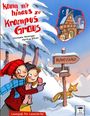 Zwei Kinder gehen fröhlich im Schnee, ein Schild mit "Krampuswald", ein Fuchs und ein Holzhaus in den Bergen.