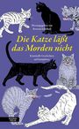 „Die Katze lässt das Morden nicht“ in gelber Schrift, mehrere Katzen auf lila Hintergrund, kriminelle Geschichten.