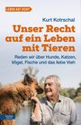 Titel: "Unser Recht auf ein Leben mit Tieren". Ein älterer Mann lächelt und streichelt einen Hund.
