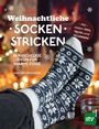 "Weihnachtliche Socken stricken: 24 kuschelige Ideen für warme Füße" von Julie Ann Lebouthillier. Zwei Füße in strickten Socken.