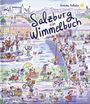 Text: "Salzburg ein Wimmelbuch". Illustration: Lebendige Stadtszene mit Menschen bei verschiedenen Freizeitaktivitäten.