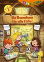 Text: "Ein Baumhaus für alle Fälle!" Drei Kinder spielen in einem gemütlichen Baumhaus, umgeben von Büchern und Spielzeug.