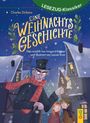 "LESEZUG-Klassiker: EINE WEIHNACHTSGESCHICHTE von Charles Dickens. Illustration eines Mannes im Schneefall mit Kindern."
