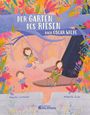 "Der Garten des Riesen nach Oscar Wilde" steht über Kindern zwischen bunten Bäumen. Eine Illustration von Antonie Schneider.