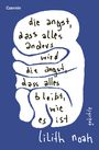 Text: "die angst, dass alles anders wird die angst, dass alles bleibt, wie es ist lilith noah gedichte". Abstrakte Illustration.