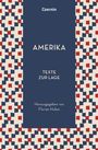 „Amerika - Texte zur Lage“, herausgegeben von Florian Huber. Geometrisches Muster in Rot, Blau und Beige.