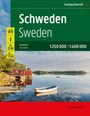 Text: Schweden, Sweden, Autoatlas, Road Atlas, 1:250 000 | 1:400 000. Bild einer idyllischen Seelandschaft mit Boot.