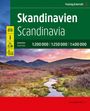„Skandinavien Scandinavia“. Autoatlas. Landschaft mit Fluss, Hügeln und farbigem Himmel. Icons für Auto und Tourismus.