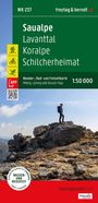 Texte: Saualpe, Lavanttal, Koralpe, Schilcherheimat. Wander-, Rad- und Freizeitkarte. Logo: Wanderer auf Felsen.