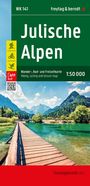 "Julische Alpen" und "Wander-, Rad- und Freizeitkarte 1:50 000". Holzsteg über türkisfarbenem Wasser vor Bergkulisse.