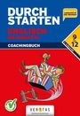 "DURCHSTARTEN", "ENGLISCH GRAMMATIK", "COACHINGBUCH", "9 bis 12", Illustration: Mann im Union Jack Sessel, Teetasse, Tower Bridge.