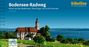"Bodensee-Radweg", "Rund um den Bodensee, Überlinger See und Untersee", "Auch für E-Bikes". Kloster nahe See mit Alpen.
