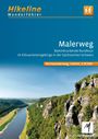 „Hikeline Wanderführer“, „Malerweg“, „Beeindruckende Rundtour im Elbsandsteingebirge“. Naturpanorama mit Fluss und Felsen.