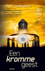 Ein oranger Sonnenuntergang, ein Gebäude mit Säulen, Text: „Peter Vandergeest“, „Een kromme geest“. Gesicht im Himmel.