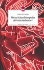 "Mein Schreibimpulse Adventskalender" von Angela Buchegger, story.one Logo, rote Neonlichter eines Pianos und einer Gitarre.