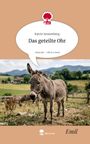 Text: "Katrin Sonnenberg, Das geteilte Ohr, story.one – Life is a story, Emil." Darunter ein Esel auf einer Wiese, mit Bergen im Hintergrund.