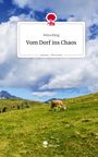 "Petra Kling: Vom Dorf ins Chaos" oben, Wiese mit Kuh darunter, Berge am Horizont, blauer Himmel mit Wolken. Logo oben.