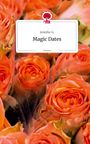 „Jennifer G. Magic Dates“ steht auf einer Karte, umgeben von vielen orangefarbenen Rosen. Ein Logo zeigt einen Baum.