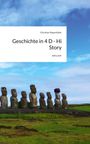 Text: "Christian Mayerhofer. Geschichte in 4 D - Hi Story. story.one." Moai-Statuen auf grüner Wiese vor blauem Himmel.