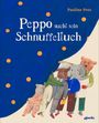 „Peppo sucht sein Schnuffeltuch“; Pauline Pete. Illustration: Tiere in Kleidung auf blauem Hintergrund mit orange Punkten.