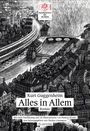 "Reprinted by Huber", "Kurt Guggenheim Alles in Allem", "Roman", Stadtansicht in Schwarz-Weiß, stilisierte Brücken und Häuser.