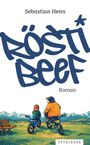 "Rösti Beef" in großer Schrift, darunter "Roman." Zwei Personen auf Fahrrädern blicken auf Berge.