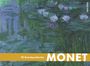 "10 Kunstpostkarten MONET" in gelbem Balken. Seerosen auf einem Teich, impressionistischer Stil.
