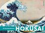 Text: „10 Kunstpostkarten, HOKUSAI.“ Illustration einer großen Welle mit Booten und einem entfernten Berg.