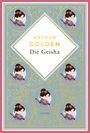 Buchtitel: "Die Geisha" von Arthur Golden. Illustrationen von Geishas mit Blumen auf einem eleganten, dekorativen Hintergrund.