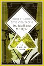 "Robert Louis Stevenson, Dr. Jekyll and Mr. Hyde, The English Edition. Illustration: abstrakte Gesichter in Gelb- und Grüntönen."