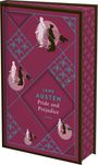 JANE AUSTEN - Pride and Prejudice. Rote Buchhülle mit blauen und rosa Mustern und Silhouetten von Personen.