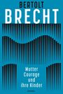 "Bertolt Brecht, Mutter Courage und ihre Kinder." Schwarze, wellenförmige Muster auf blauem Hintergrund.