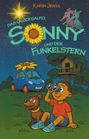 Titel: "Das Glücksauto Sonny und der Funkelstern". Illustration mit Junge, Hund, Auto und Baumhaus.