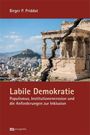Buchtitel: "Labile Demokratie". Antiker Tempel mit Riss, Stadtlandschaft im Hintergrund.