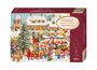 "Puzzle-Adventskalender Weihnachtsmarkt" steht auf einer Packung. Illustration eines geschmückten Weihnachtsmarkts mit Figuren.