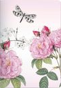 Eine Illustration mit rosa Rosen, weißen Blüten und einem schwarz-weiß gefleckten Schmetterling vor einem hellrosa Hintergrund.