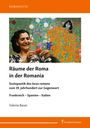 "Räume der Roma in der Romania" steht oben, darunter florales Kunstwerk mit einer lächelnden Frau und einem Kind.