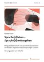 Titel: "Sprache(n) leben – Sprache(n) weitergeben". Illustration: geometrische Formen in Rosa und Schwarz.