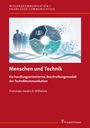 "WISSENSKOMMUNIKATION / KNOWLEDGE COMMUNICATION", "Menschen und Technik". Silhouetten und technisches Diagramm.