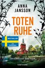 „Bestseller aus Schweden.“ Ein rotes Gebäude mit Turm, umgeben von Bäumen, mit schwarzen Pflanzen im Vordergrund.