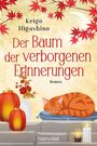 "Der Baum der verborgenen Erinnerungen" von Keigo Higashino. Eine Illustration von roten Ahornblättern, einer schlafenden Katze und Laternen.