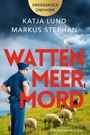 „WATTEN MEER MORD“ in roten Buchstaben. Ein Polizist betrachtet Schafe auf grüner Wiese, im Hintergrund ein Leuchtturm.