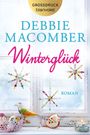 „DEBBIE MACOMBER“, „Winterglück“, „GROSSDRUCK blanvalet“, „ROMAN“. Weihnachtsdeko am Fenster, Vogel und Kerze.