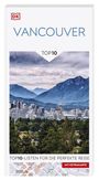 VANCOUVER, TOP10, TOP10-LISTEN FÜR DIE PERFEKTE REISE, MIT EXTRAKARTE. Skyline vor bewaldeten Bergen und Wolken. DK-Logo.